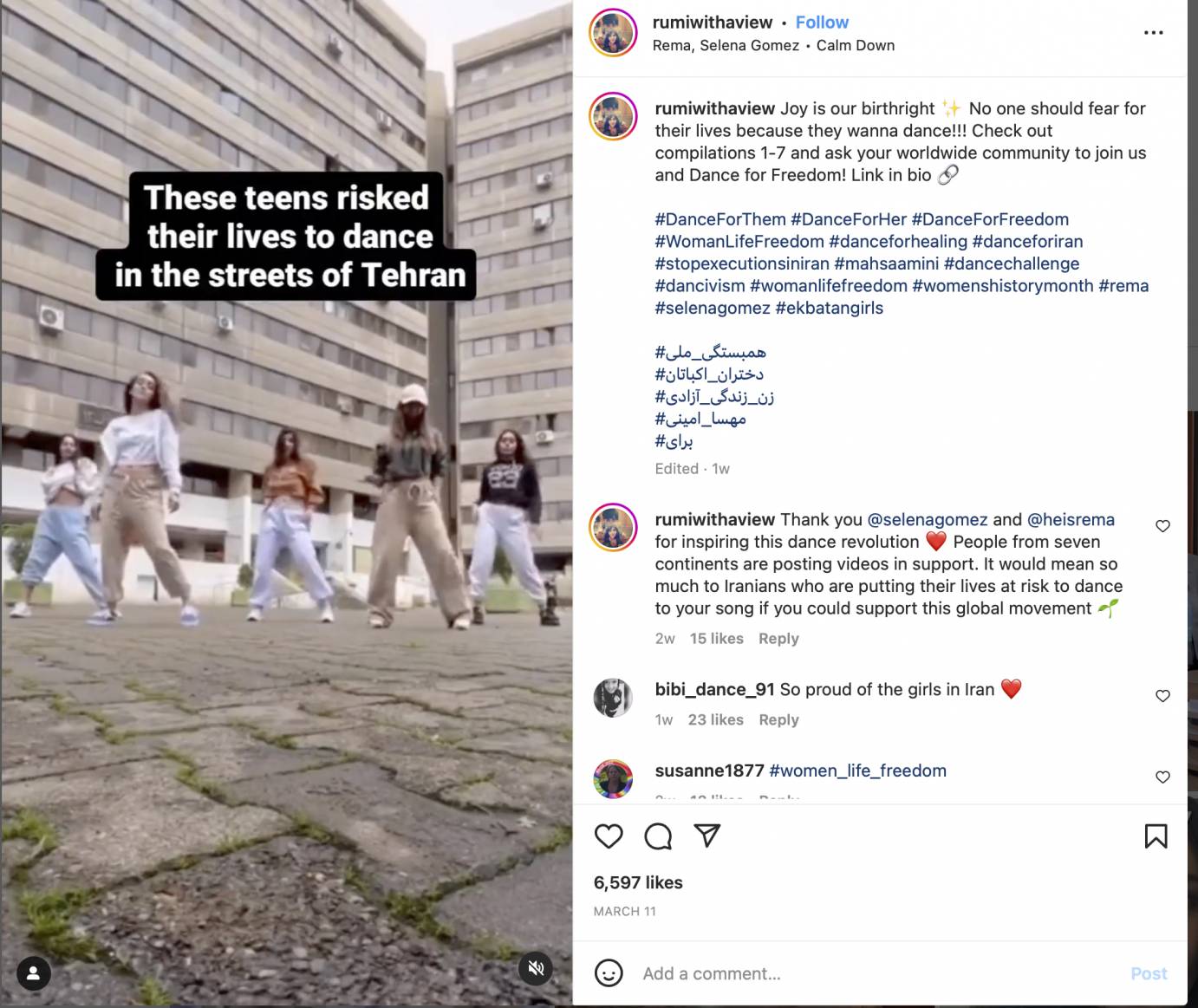 screen shot of a group of girl teens wearing casual sweat pants, sweat shirts and sneakers, dancing in unison among skyscrapers, in Iran. Text across the picture says these girls are risking their lives by dancing in public